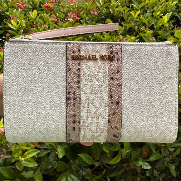 Michael Kors Jet Set Double Zip Wallet Center Stripe MK Rose gold Pink Multi - Picture 1 of 8